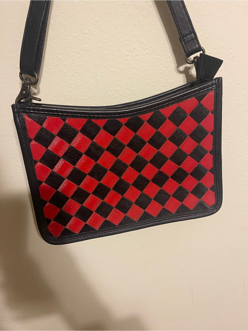 Red & Black Checker Leather Shoulder Bag - Women